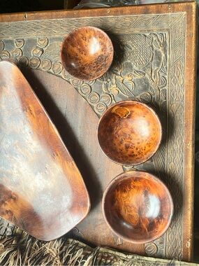 Handcrafted Burl Wood Bowl Set in Warm Honey-Brown